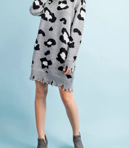 “Sarah” Grey Leopard Sweater Dress