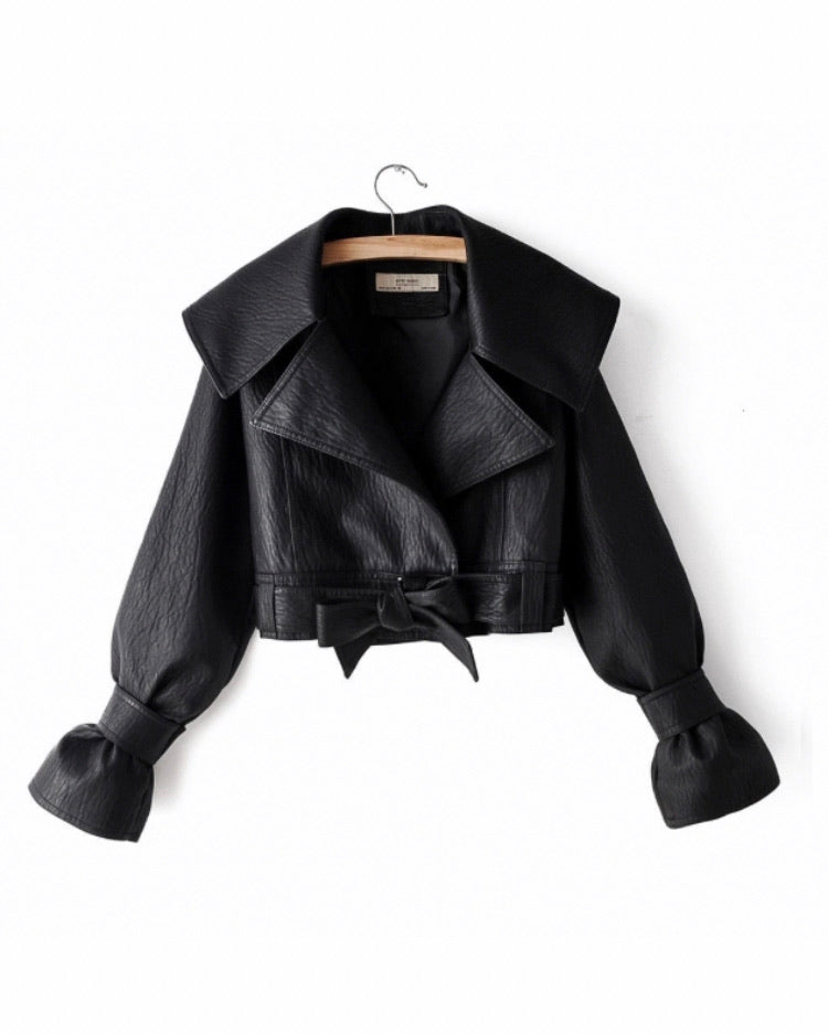 “Mia” Cropped Vegan Leather Jacket- Black