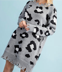 “Sarah” Grey Leopard Sweater Dress