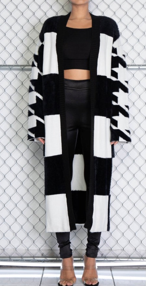 “Jaime” Black & White Cardigan Sweater Coat